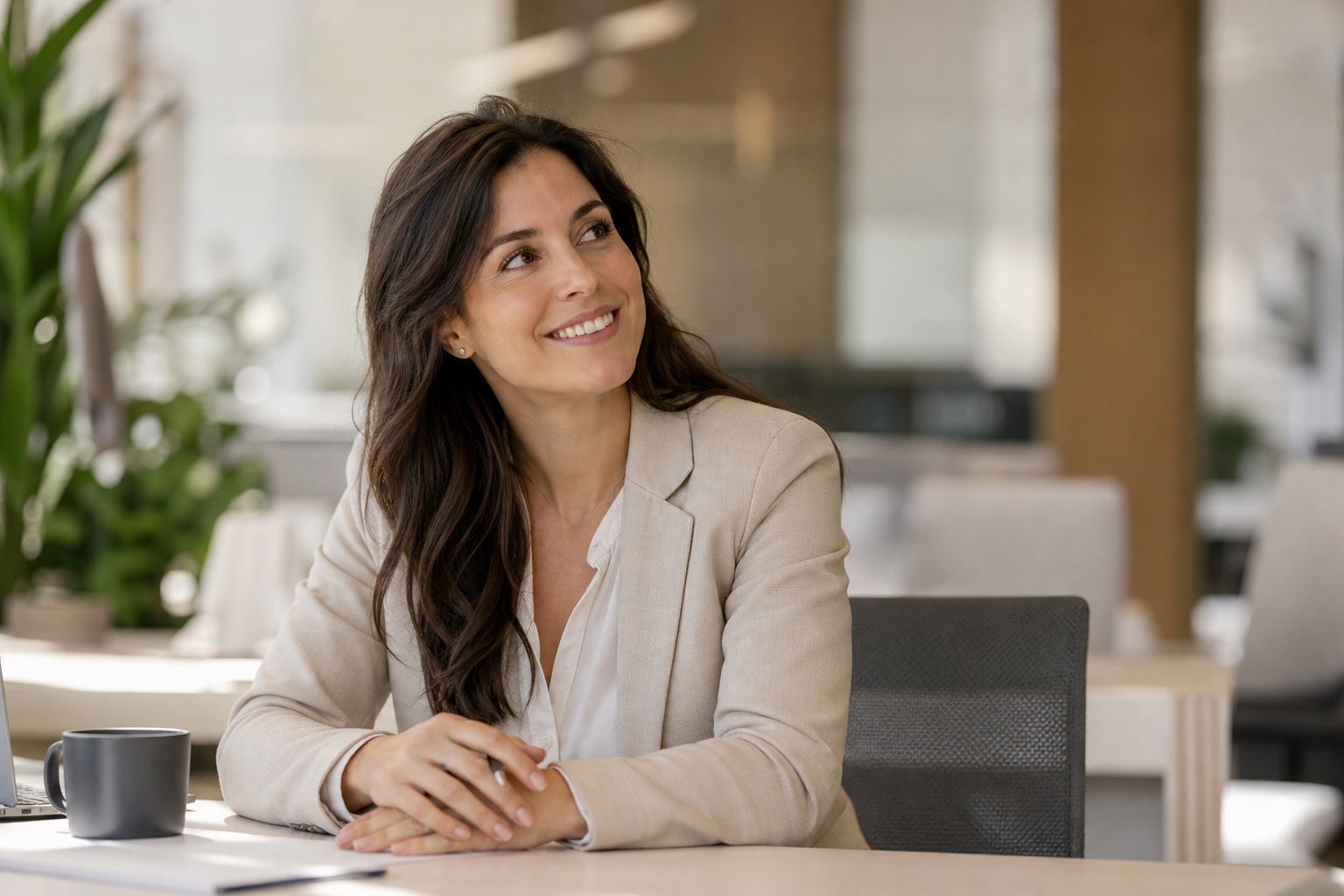 Smiling recruiter in a modern office using the HRBlade AI hiring platform