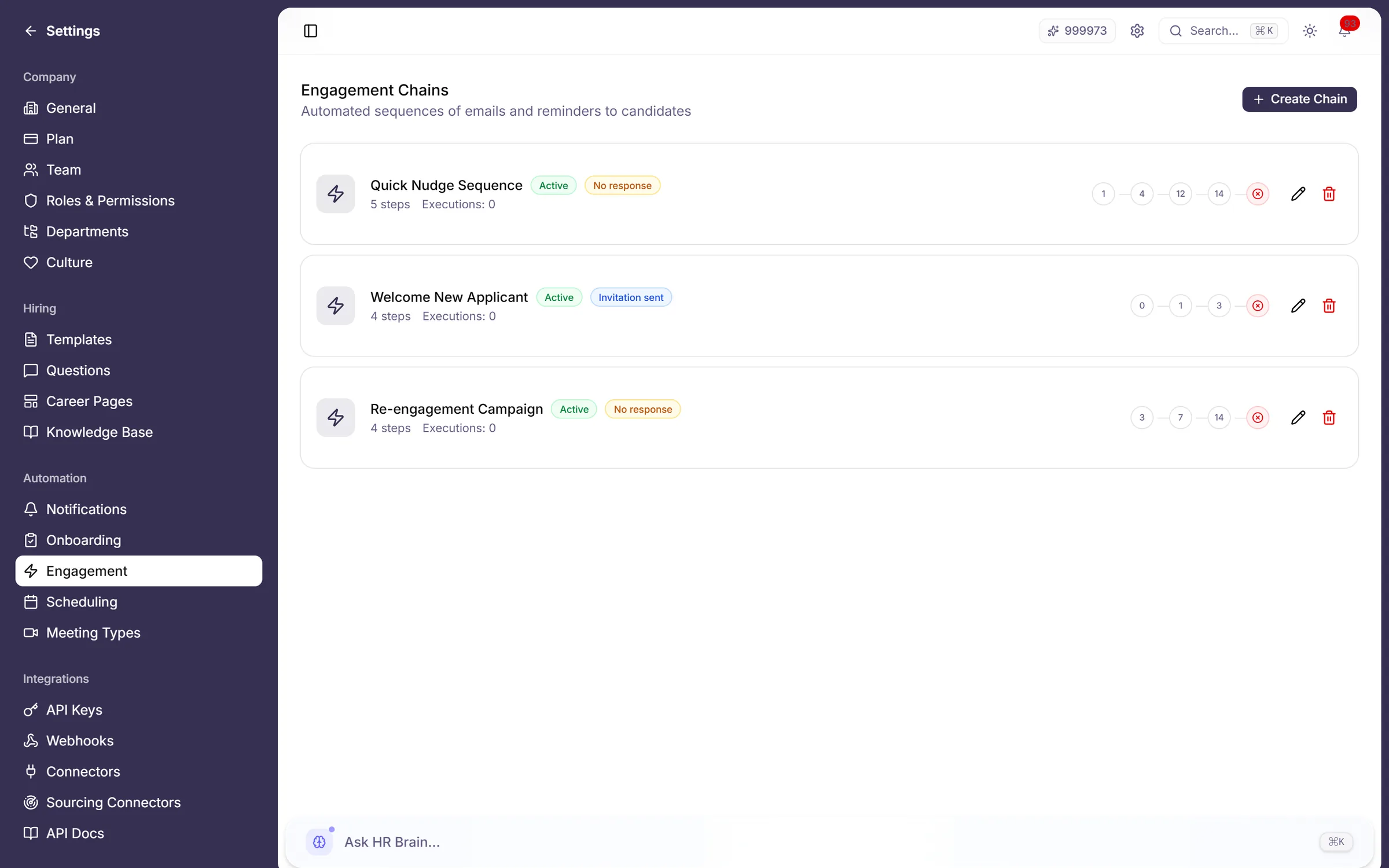Engagement chains builder: triggers, async steps, channel choice (email, Slack, WhatsApp), branching by candidate response