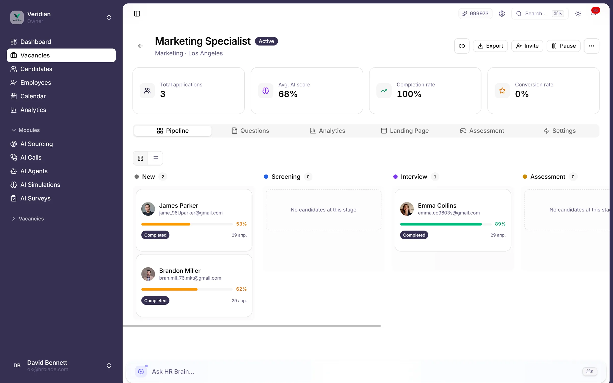 Vacancy detail page: requirements, hiring stages, assigned recruiters, current pipeline visualization and predicted hire date