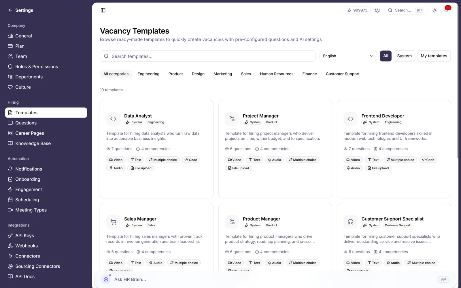 Vacancy template library: ready-made job descriptions by role, prepared questions and pre-set evaluation criteria